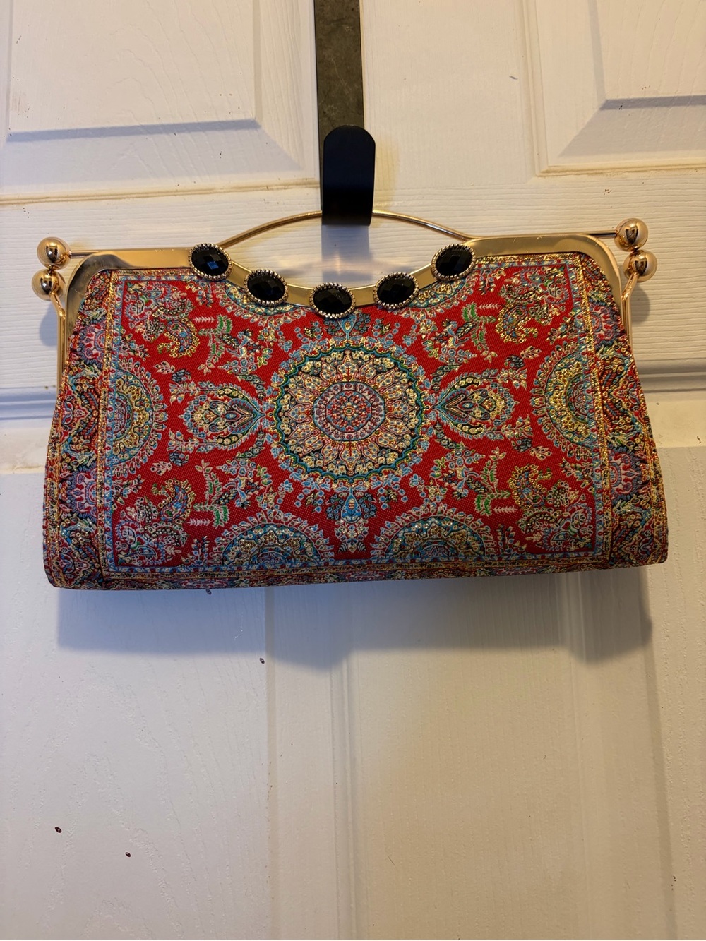 Red Paisley Medallion Clutch with Gold Frame